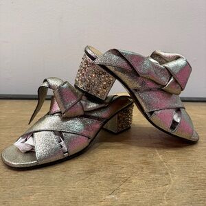 Chloe Silver Metallic Leather Rhinestone Crystal Block Heel Mule Slides 38.5